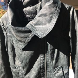 Guess, Jacket, Teal, Pockets, Faux Leather